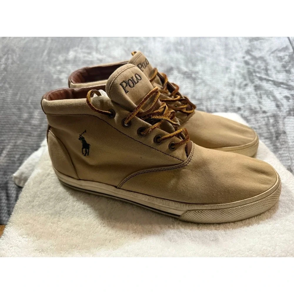 Vintage Polo Ralph Lauren Mens‎ Tan Canvas Mid Top Sneakers Leather Laces 10.5